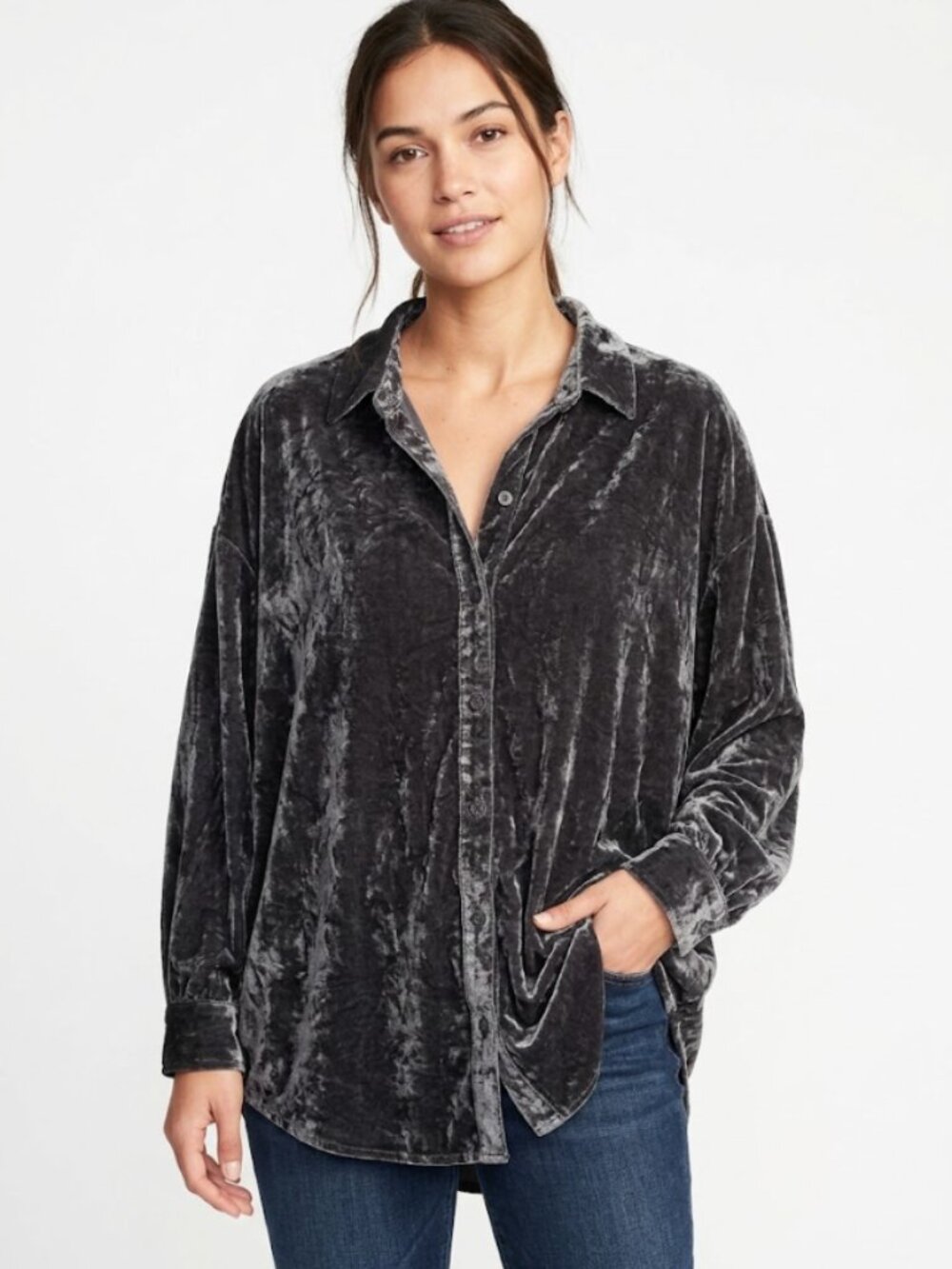 Pilcro | Anthropologie Gray Velvet Button Down Blouse Top | Size Large